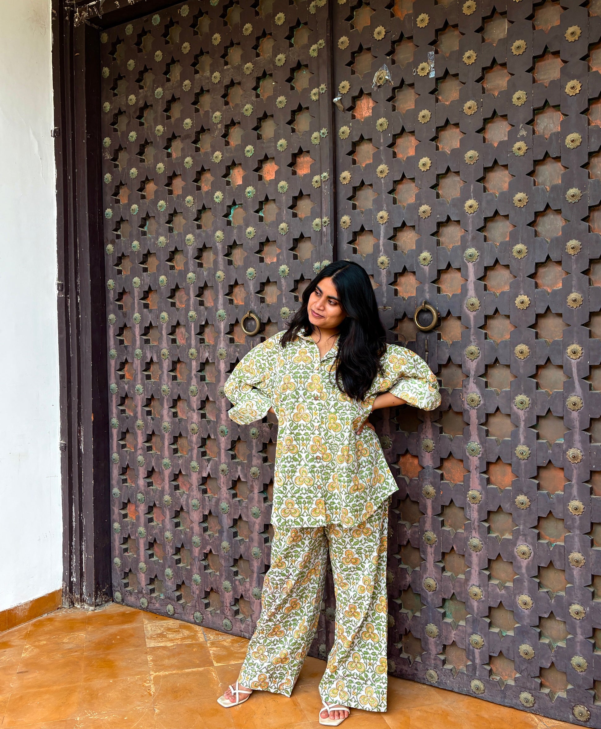 Woman wearing yellow and green hand block printed co-ord set
