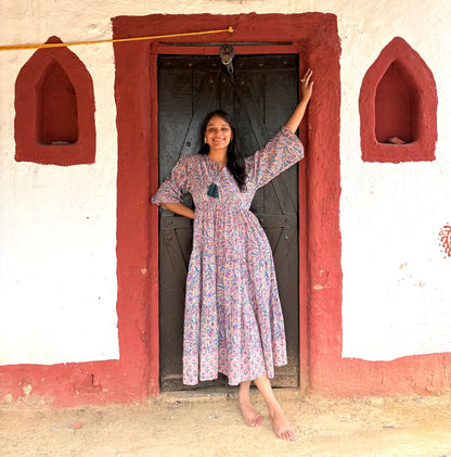 Full view of Deveshi dress showing balloon sleeves and three tiers
