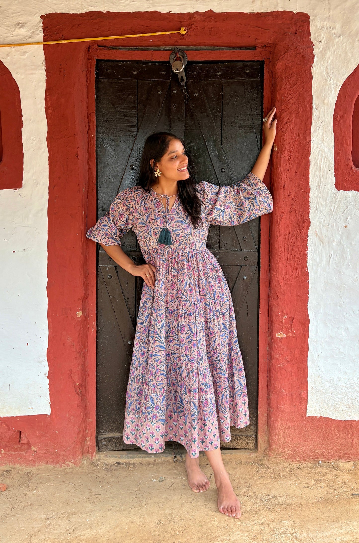 Deveshi Multi-Color Floral Maxi Dress - Hand Block Printed