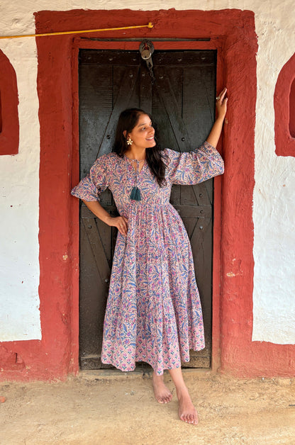 Deveshi Multi-Color Floral Maxi Dress - Hand Block Printed