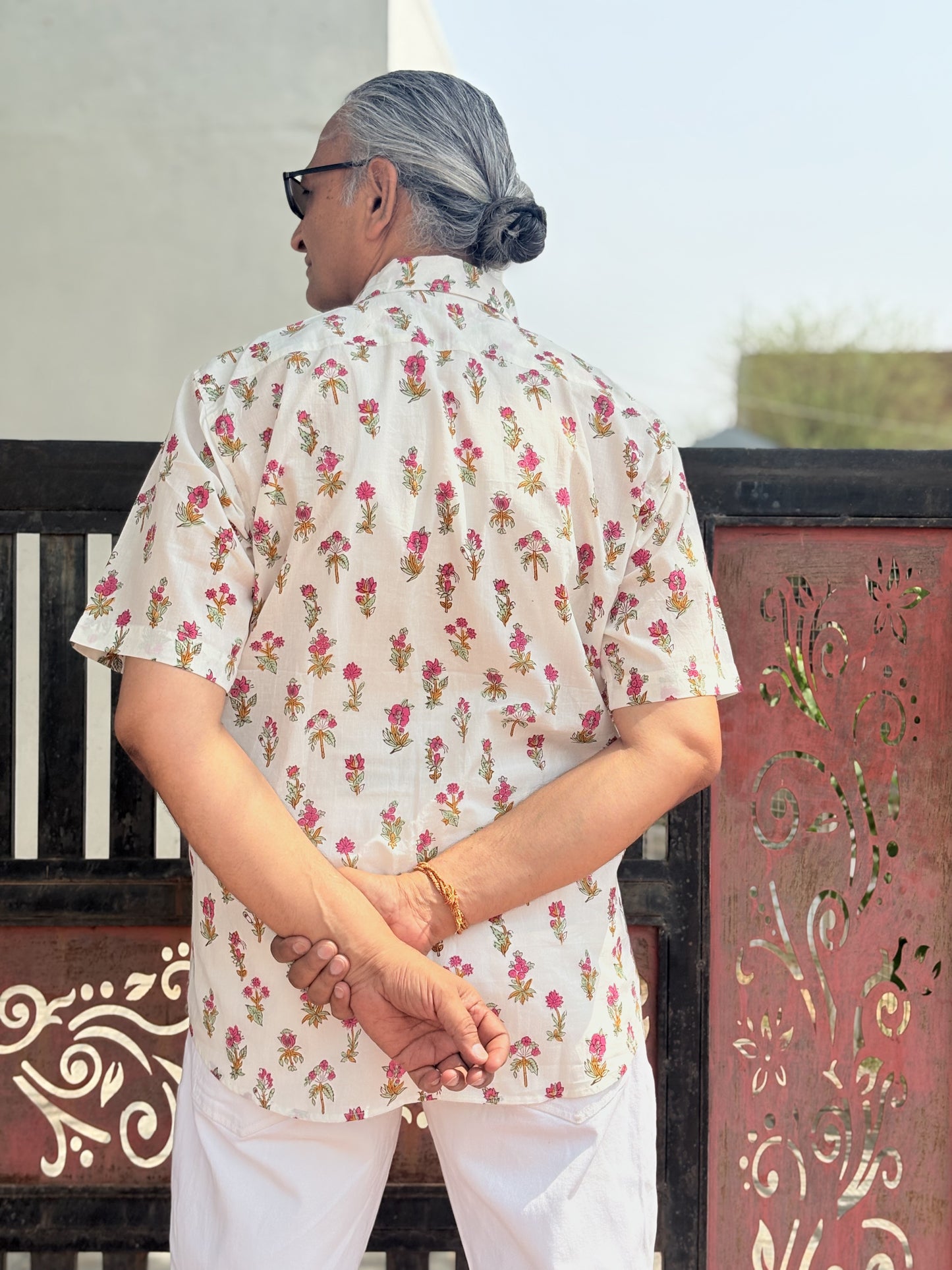 Rosy Dusk shirt showing delicate pink florals on white cotton