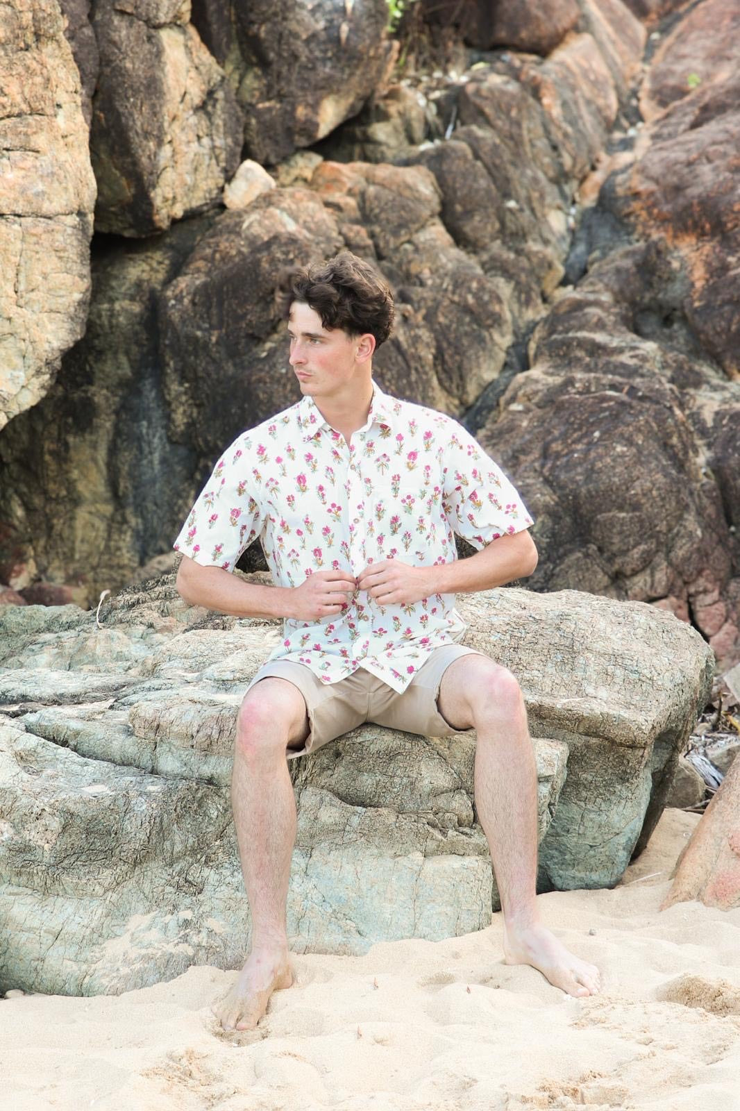 Rosy Dusk shirt showing delicate pink florals on white cotton