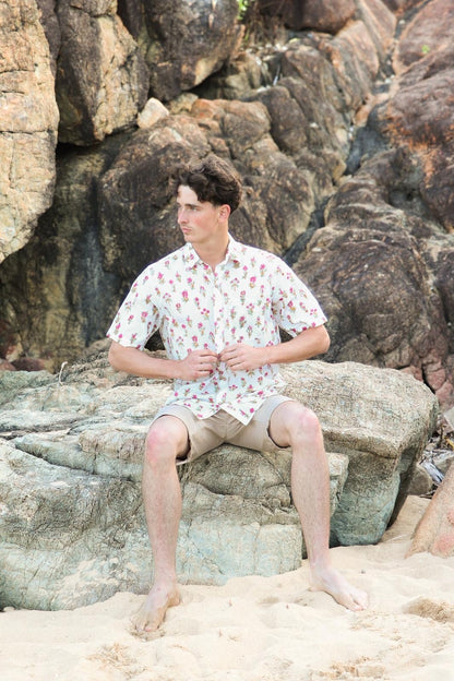Rosy Dusk shirt showing delicate pink florals on white cotton