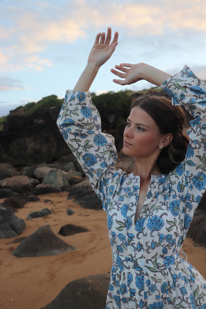 Close-up of blue, green and white floral block print pattern