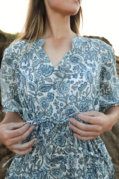 Sky Bloom blue maxi dress showing adjustable waist tie detail