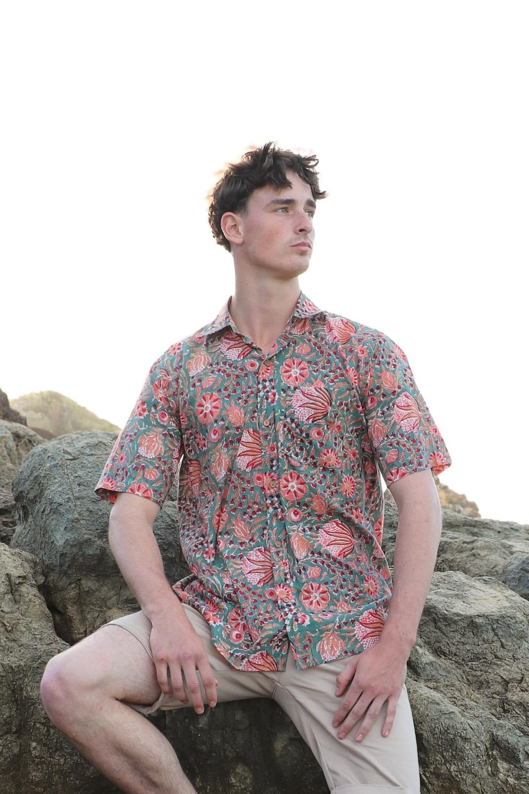 man wearing green handwoven cotton unisex shirt