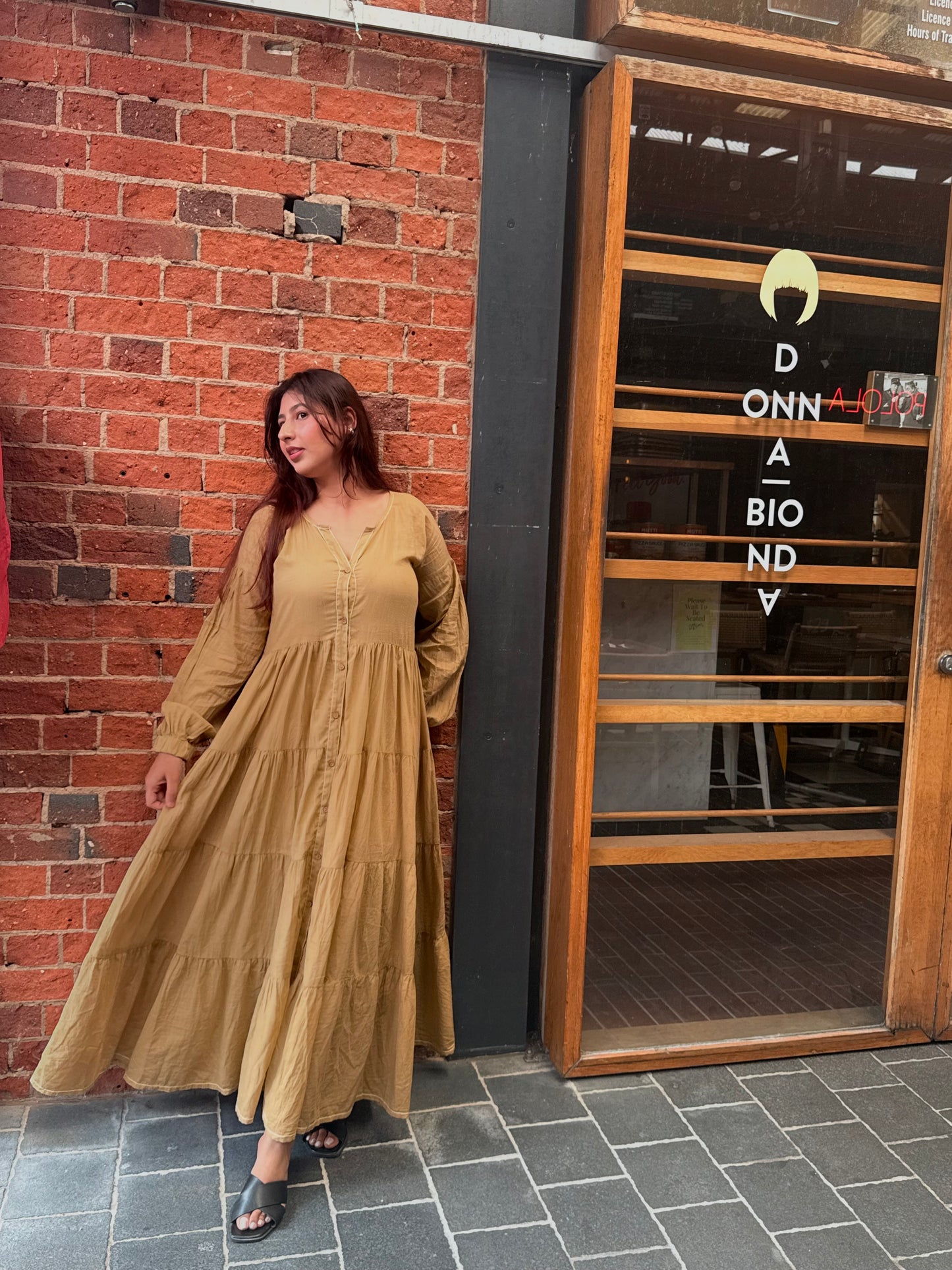 Wattle Dust dress showing gentle gathers and flowy silhouette