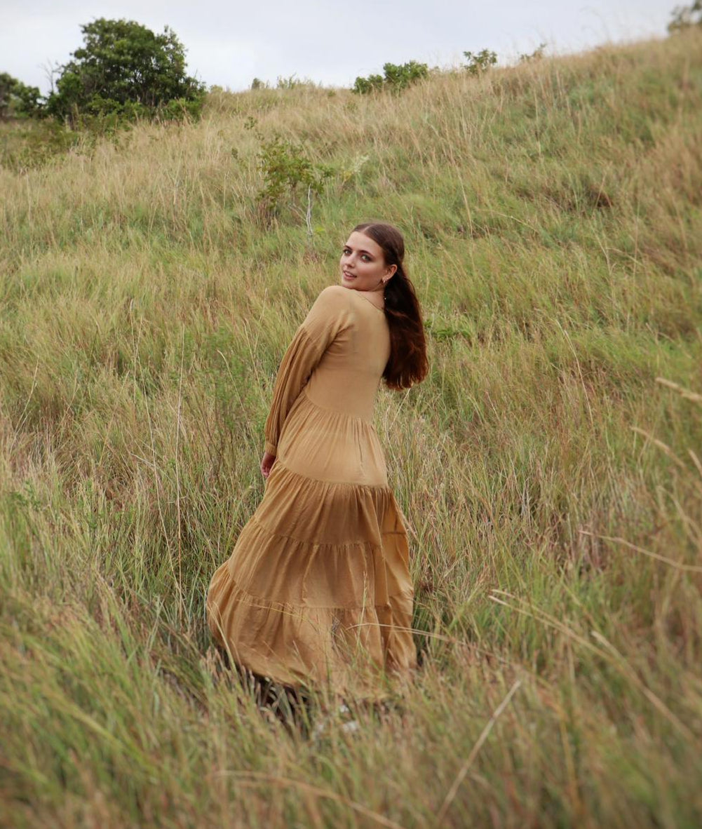Full length view of Wattle Dust earthy tone maxi dress